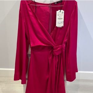 Zara size medium fuschia / hot pink satin wrap mini dress NEW